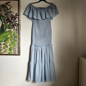 🧡3/15 Simplee Off the Shoulder Smocked Light Blue Midi Dress Women's S